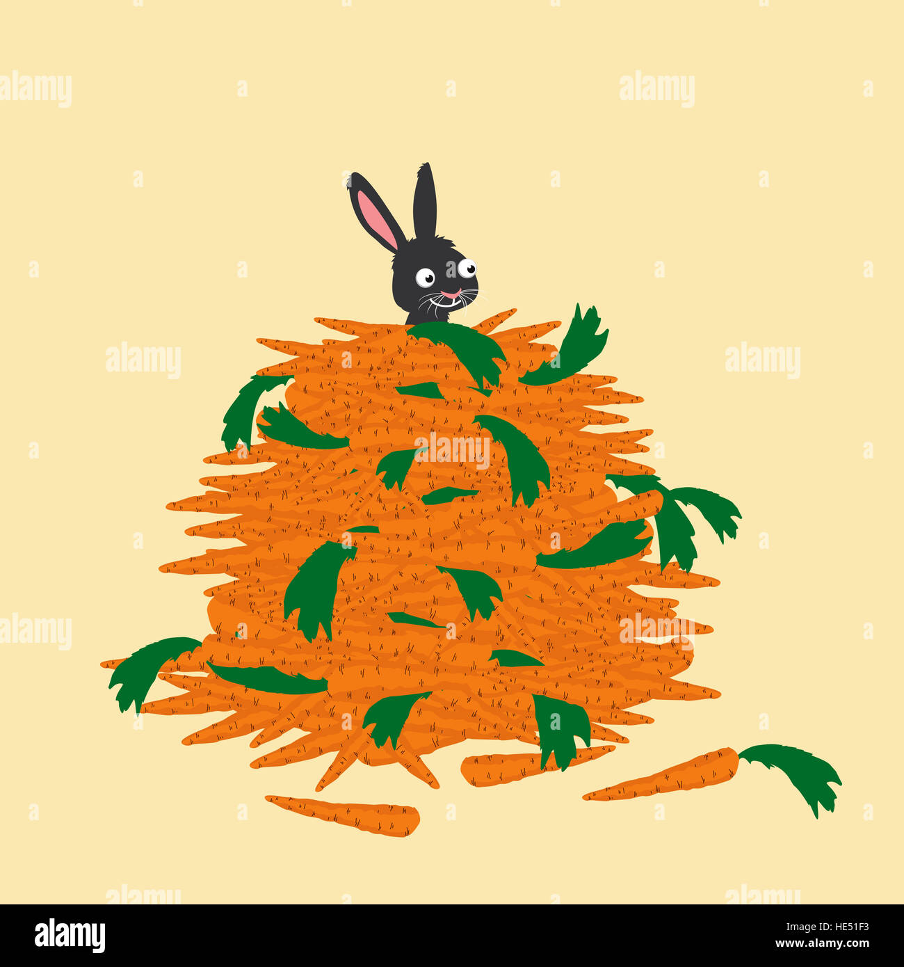Little bunny coniglio seduto in un mucchio di carote - Cartoon carino illustrazione Foto Stock