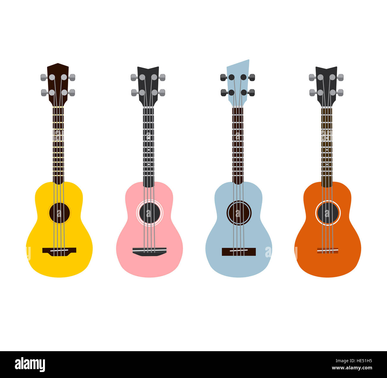 Ukuleles isolato su bianco. Set di 4. Foto Stock
