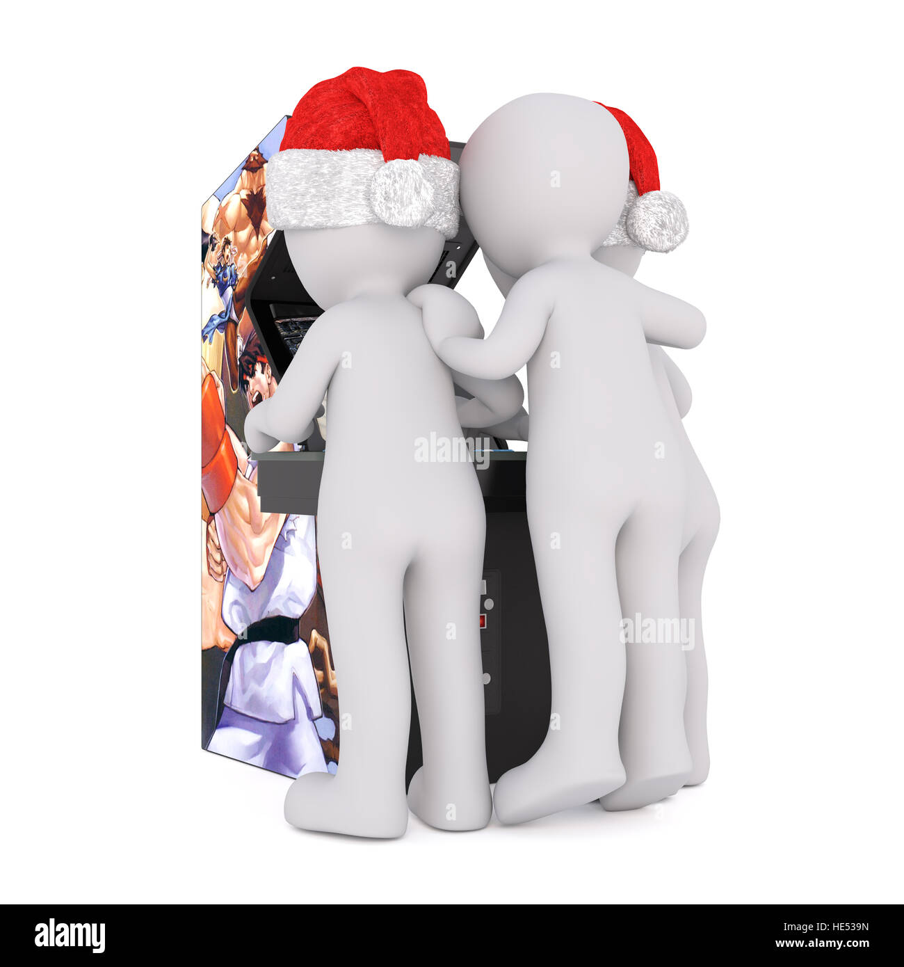 Tre corpo pieno toons in cappelli di Babbo Natale la riproduzione del video gioco arcade su sfondo bianco Foto Stock