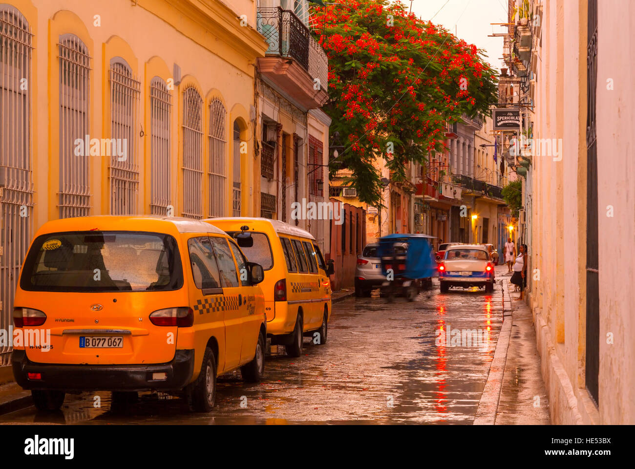 Una strada nella Vecchia Havana dopo la pioggia vicino a Plaza Vieja. Vecchia Havana, Cuba. Foto Stock