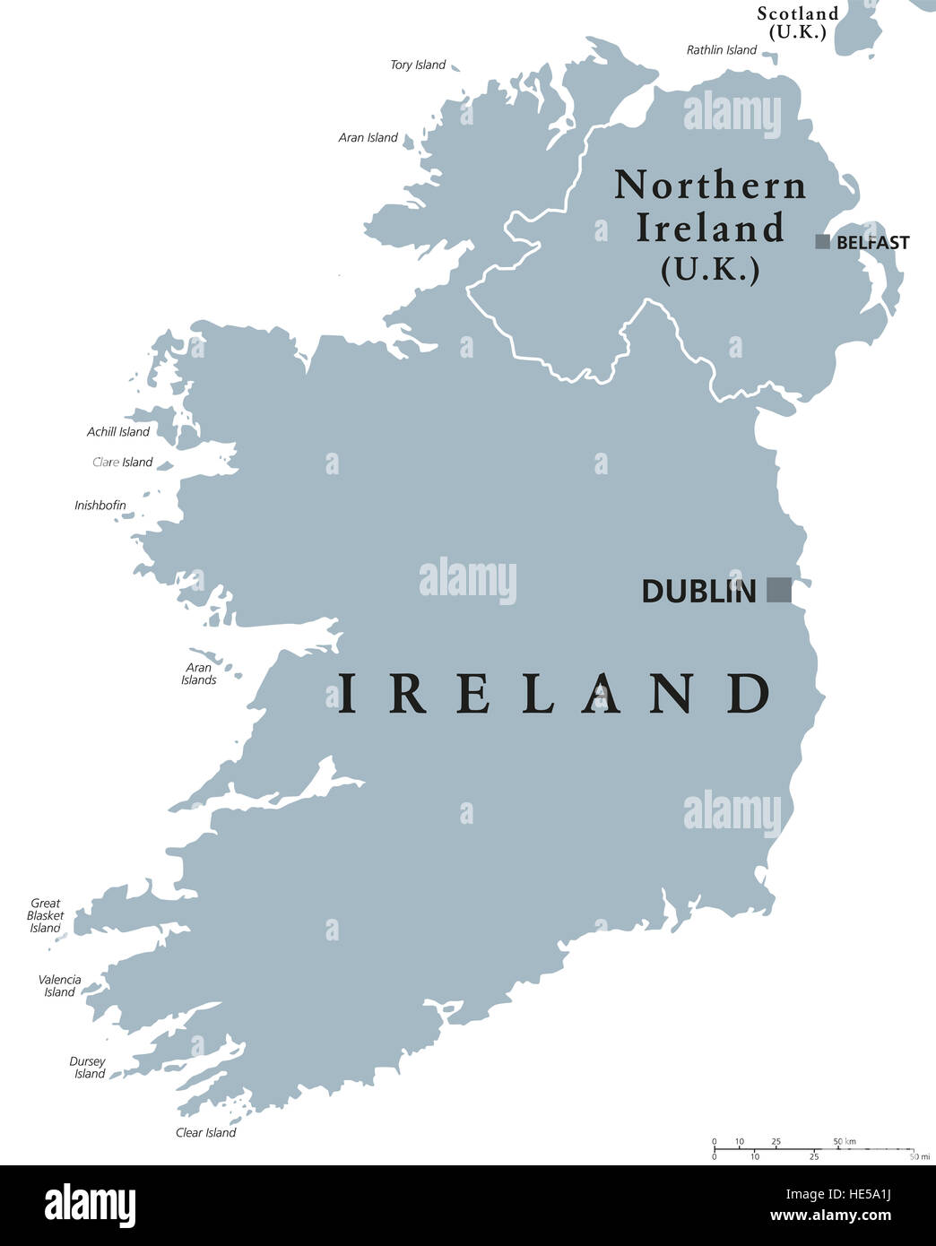 Repubblica di Irlanda e Irlanda del Nord mappa politico con capitelli a Dublino e Belfast. Isola in Europa. Foto Stock