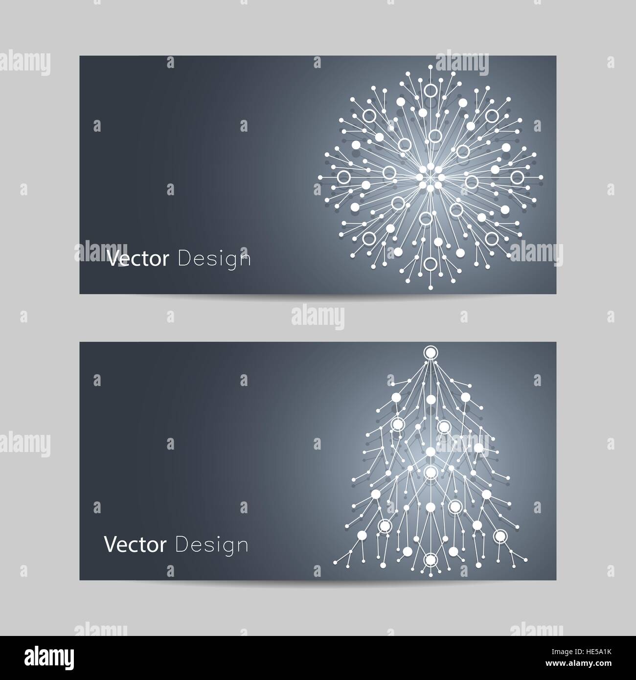 Set di Banner orizzontale. Il simbolo del fiocco di neve bianca e abete fatta di linee collegate e punti su sfondo blu. Illustrazione Vettoriale