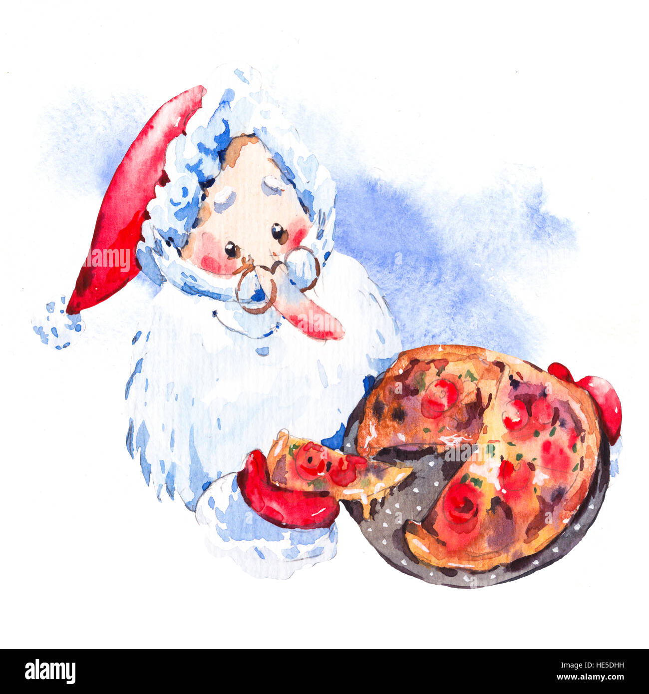 Babbo Natale Pizzeria.Acquerello Divertente Babbo Natale Con La Pizza Foto Stock Alamy