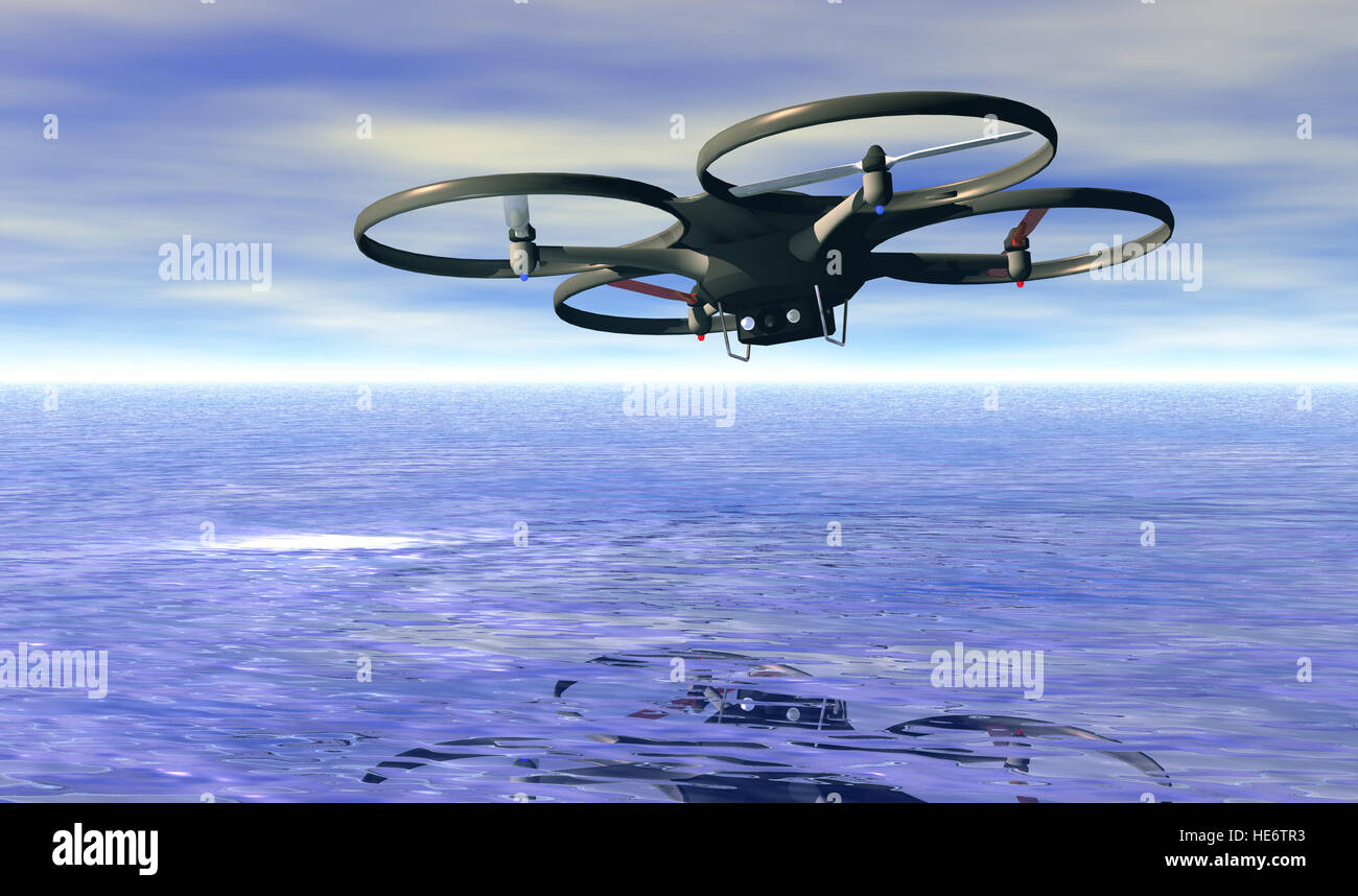 Vista aerea del quadrocopter battenti, rendering 3D Foto Stock