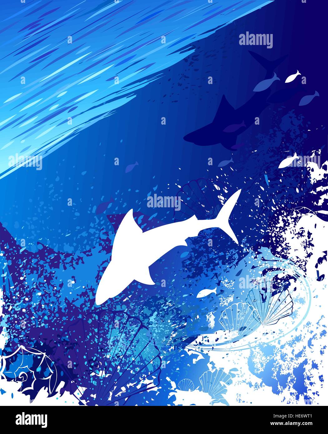 Mare, subacquea sfondo con uno squalo bianco, conchiglie e pesce, dipinto di blu e vernice bianca. Illustrazione Vettoriale