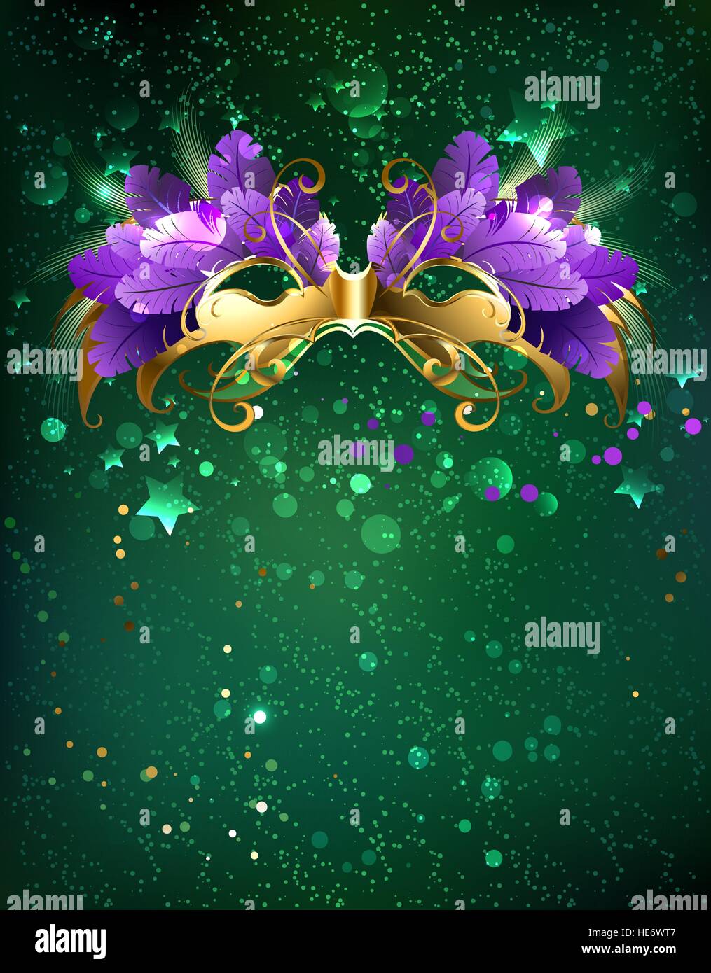 Mardi Gras maschera di piume viola su sfondo verde. Illustrazione Vettoriale