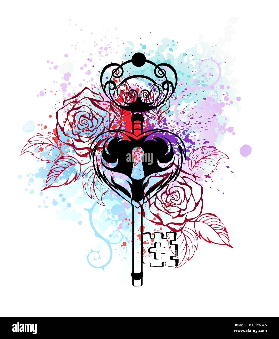 Delineare la chiave con contorno di rose luminoso sull'acquerello colorato di bianco di vernice. Illustrazione Vettoriale