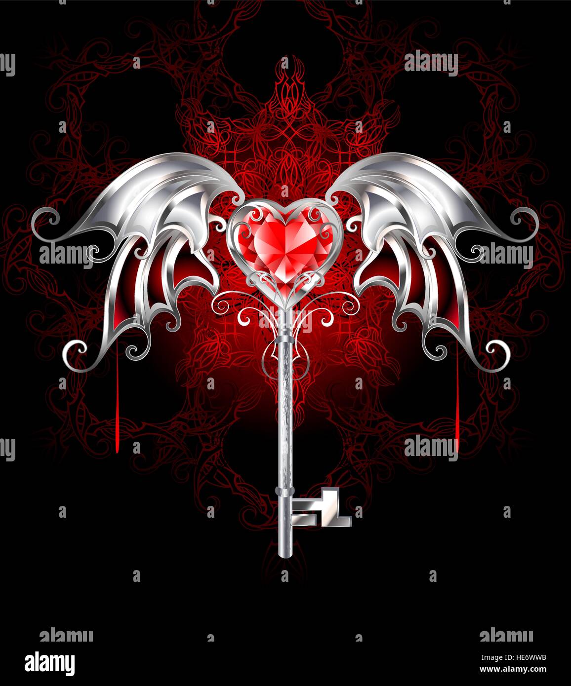 Gioielli in Argento con chiave di un cuore di rubino, vampiro, e Silver Wings al buio su un sfondo a motivi geometrici. Gothick stile. Illustrazione Vettoriale