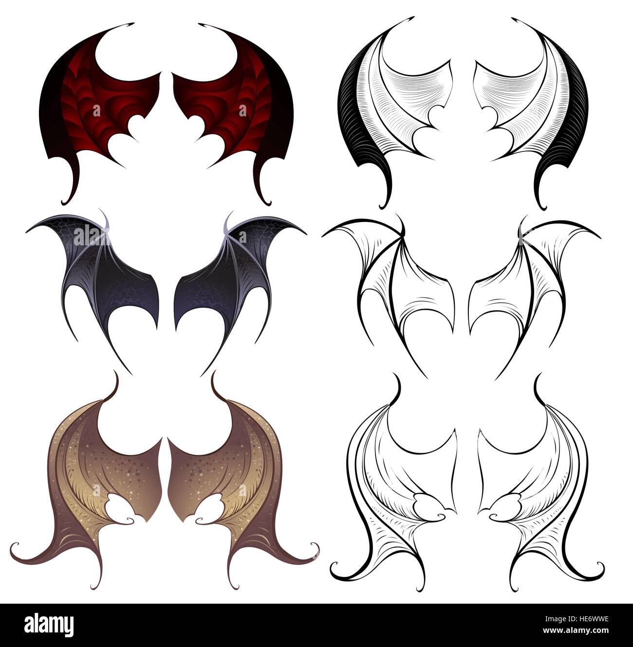 Tre coppie di cuoio ali membranosa sagomata e verniciata dettagliata su uno sfondo bianco. Illustrazione Vettoriale