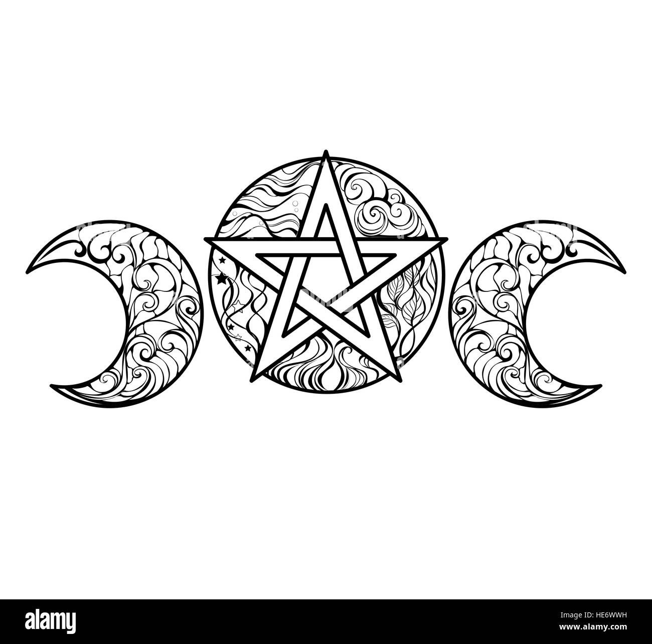 Pentagramma con elementi magici line art design per libri da colorare, anti stress colore. Magico simbolo. Lo stile di tatuaggio. Illustrazione Vettoriale