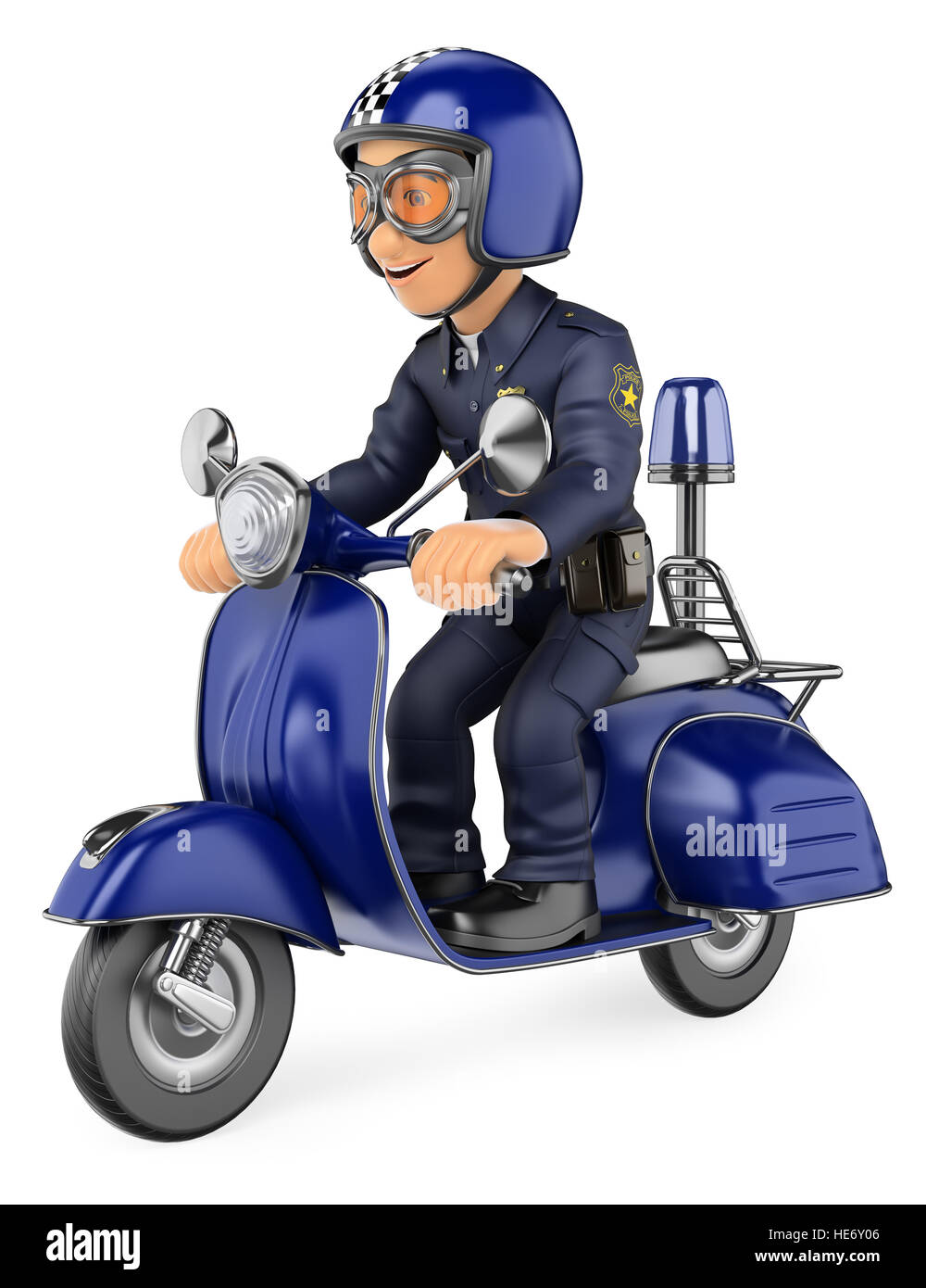 3d delle forze di sicurezza di persone illustrazione. Poliziotto in sella a una moto scooter. Isolato sullo sfondo bianco. Foto Stock