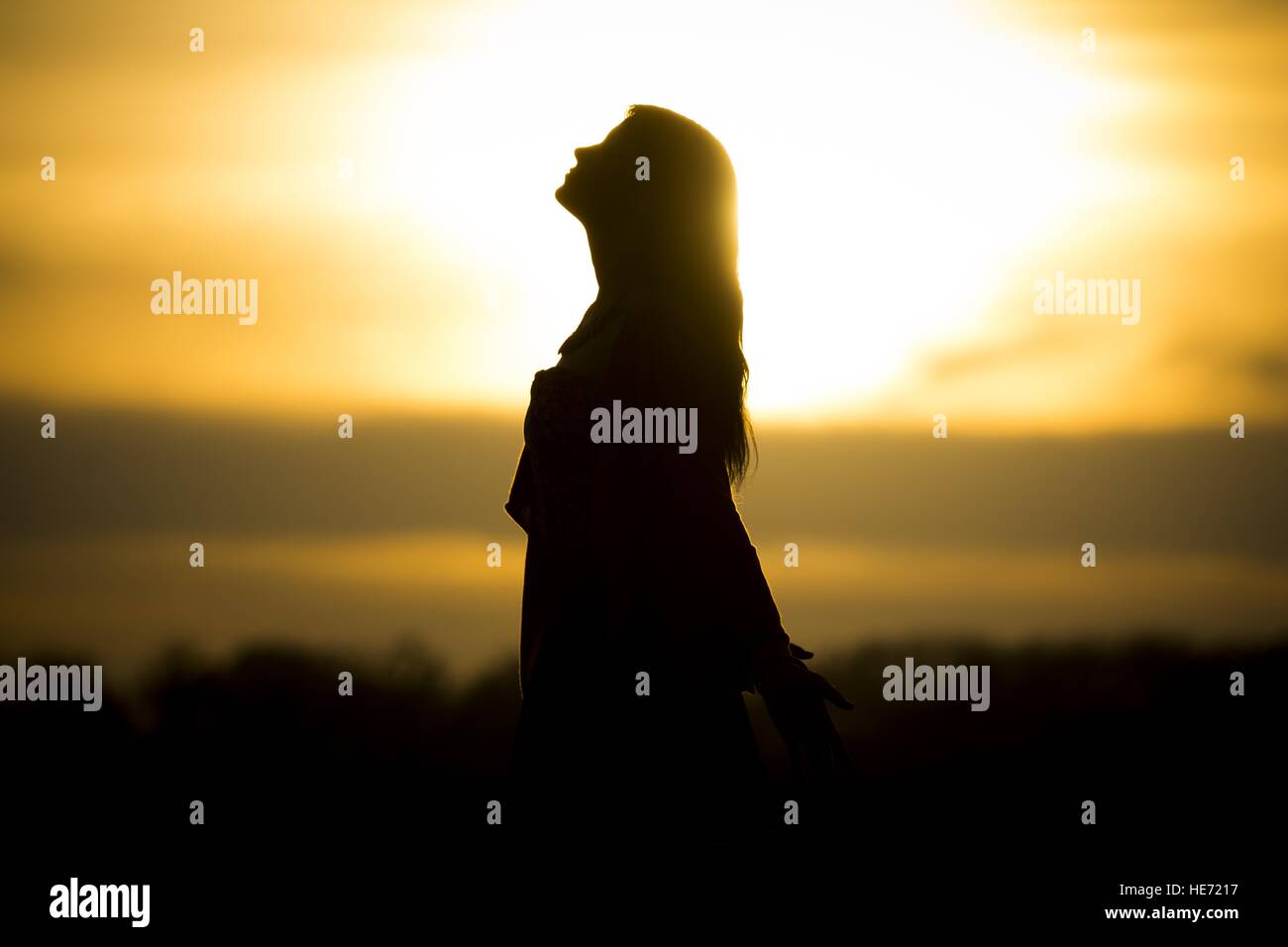 Twilight silhouette dalla bella e soleggiata giovane donna in estate. Il sole sorge all'orizzonte e la ragazza diventa una bella silhouette nera. Foto Stock