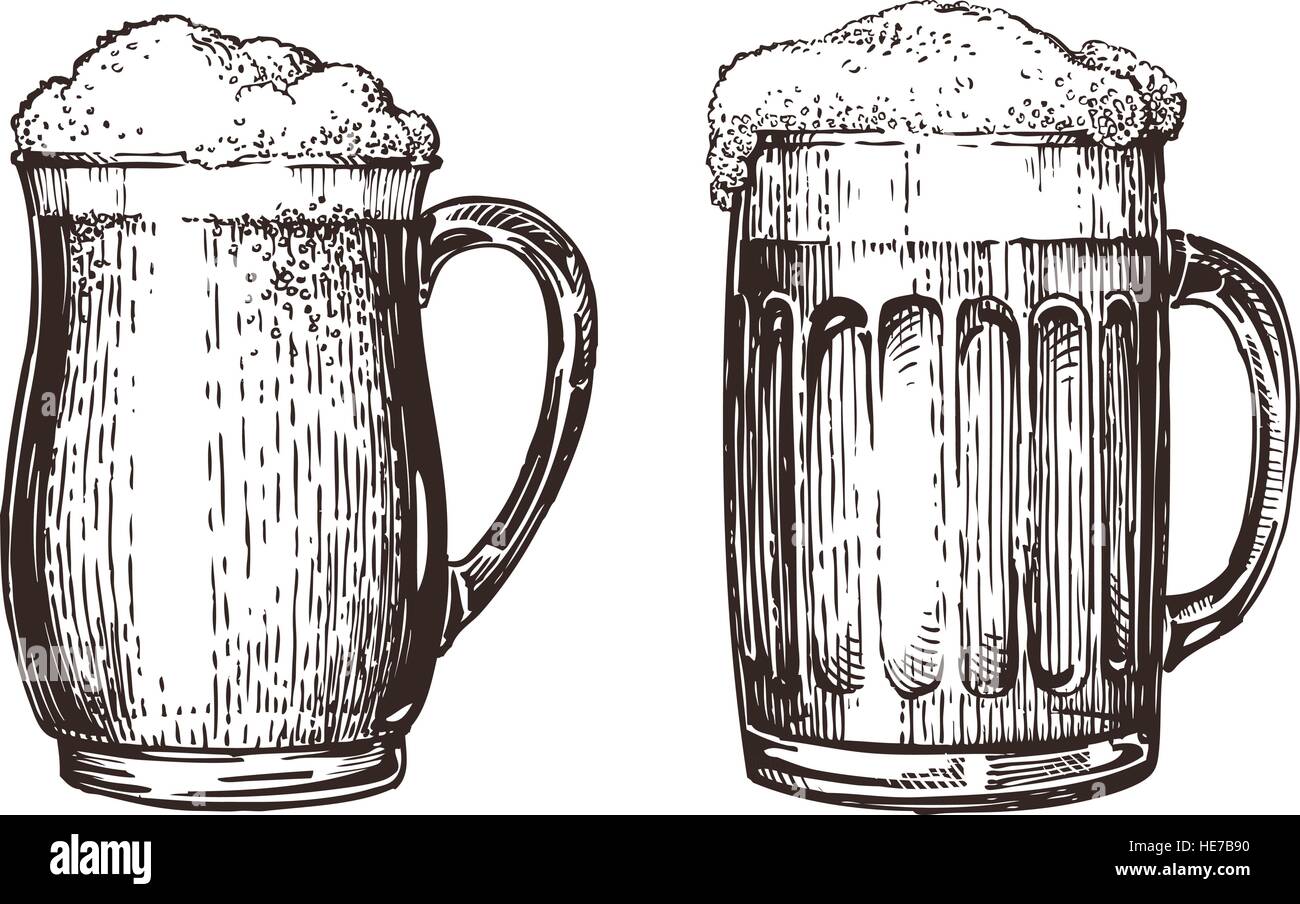 Disegnata a mano boccale di birra. Elementi di design menu ristorante o pub. Schizzo illustrazione vettoriale isolati su sfondo bianco Illustrazione Vettoriale