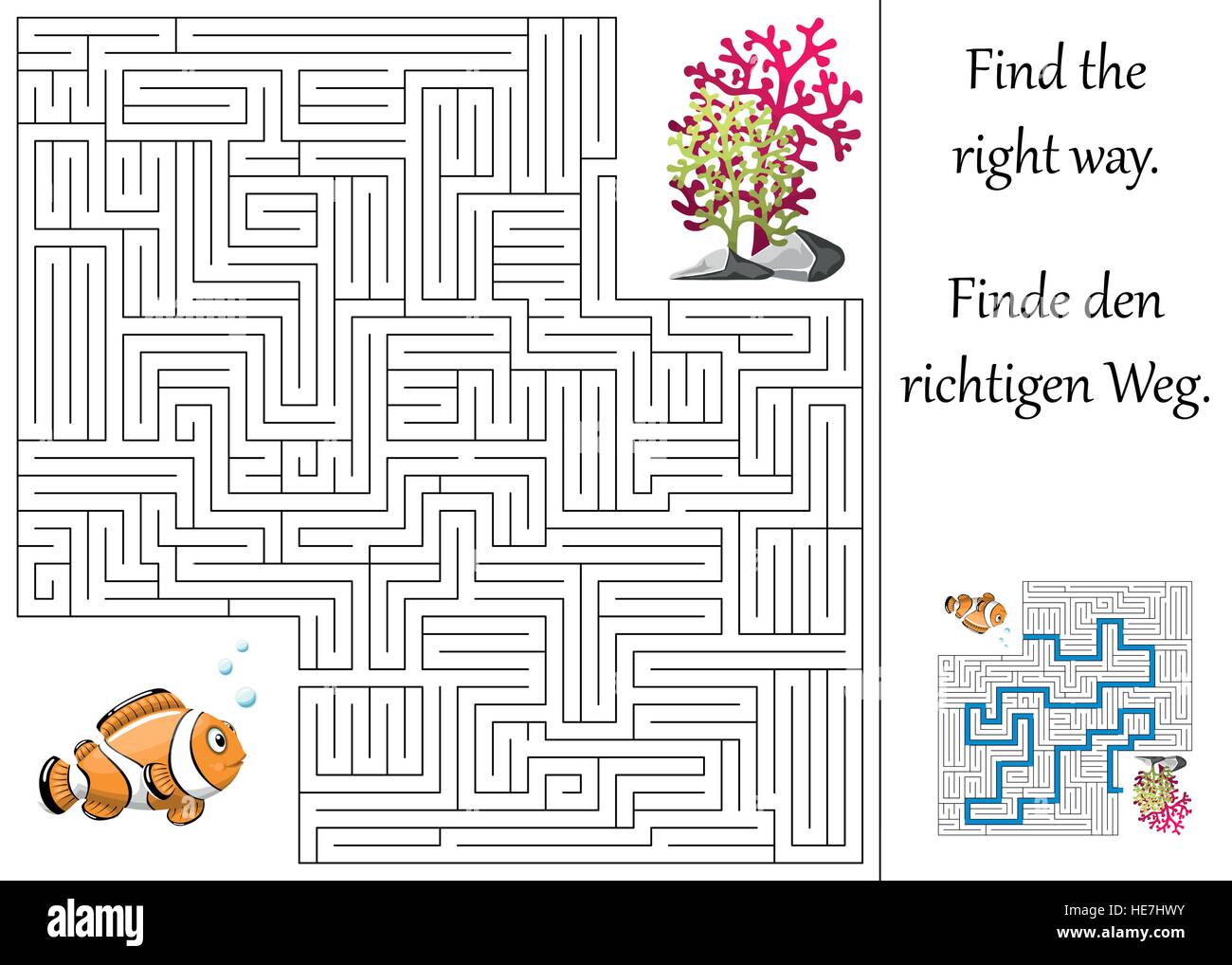Enducation maze o labirinto per bambini con clownfish e piante Illustrazione Vettoriale