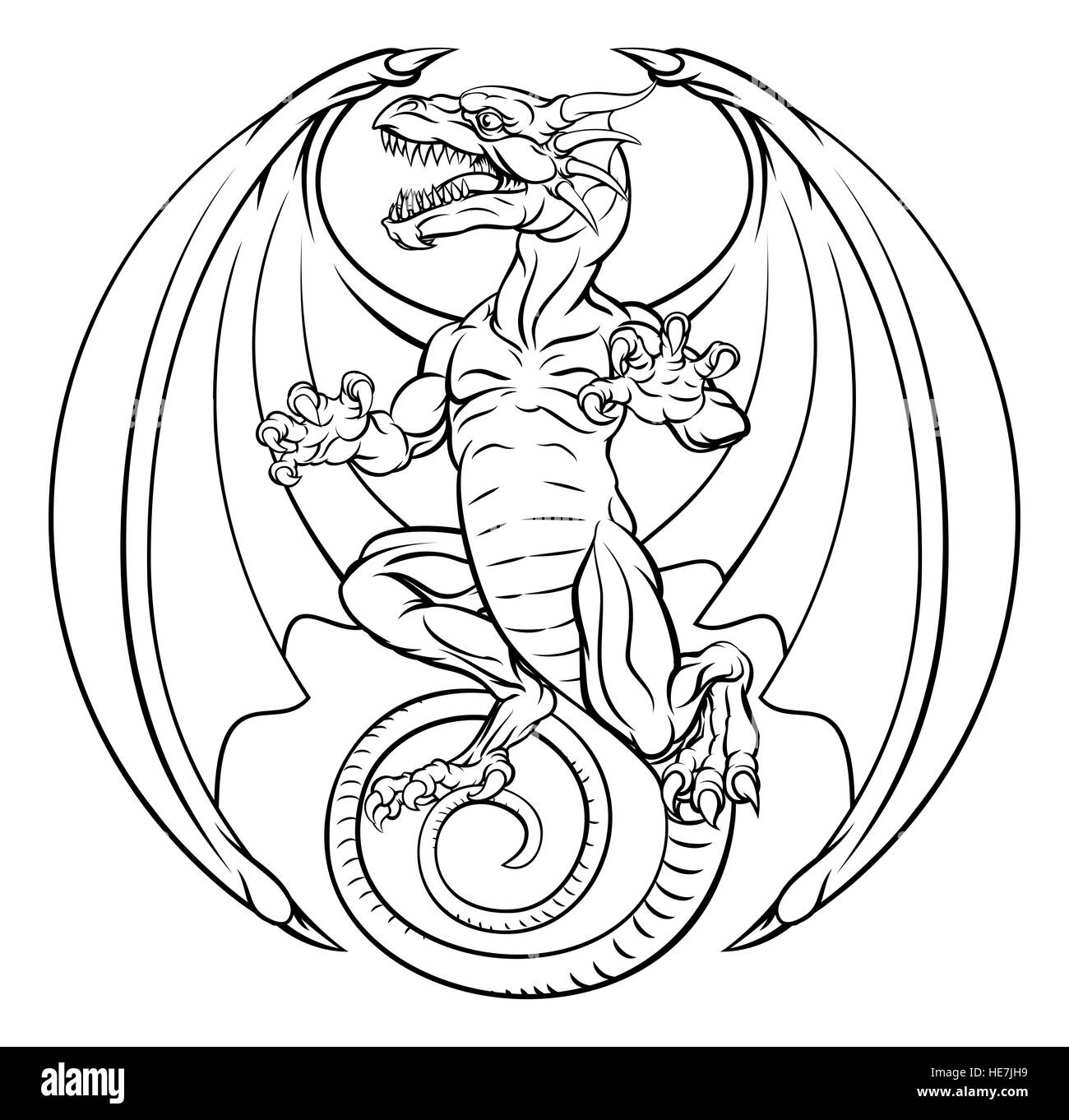 Un tatuaggio dragon illustration design in una forma circolare Foto Stock