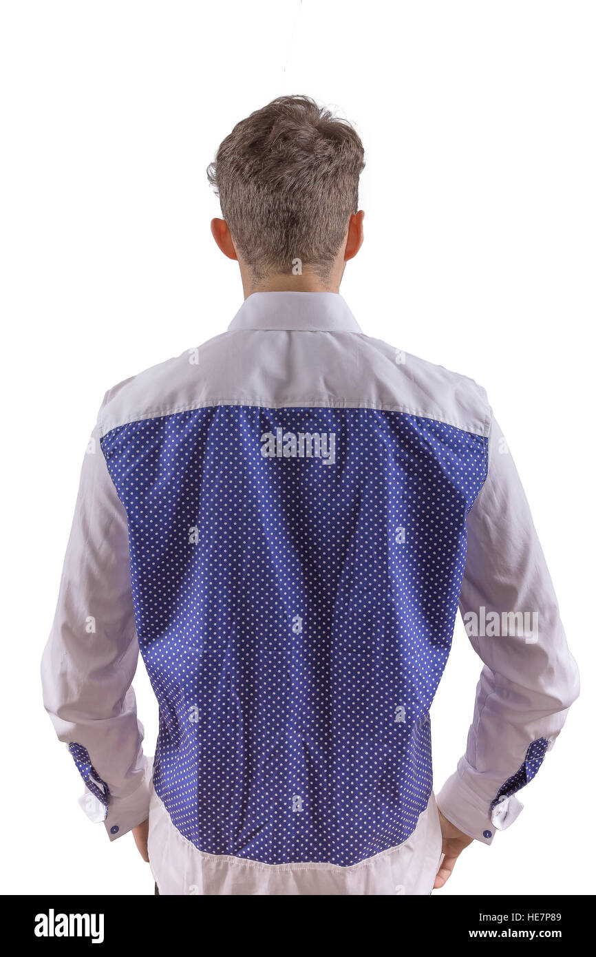 Elegante uomo vestito di azzurro e bianco polkadot Maglietta modellata dal retro Foto Stock