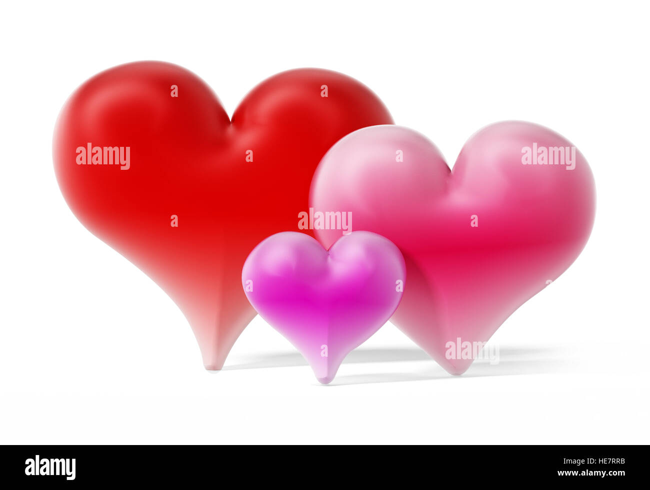 Rosso, rosa e viola cuori isolati su sfondo bianco.3D'illustrazione. Foto Stock