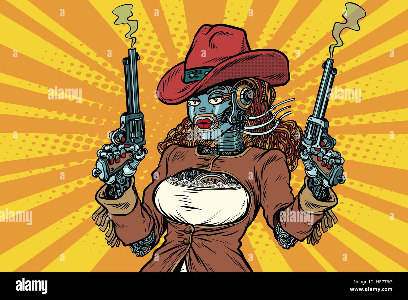 Robot donna gangster steampunk selvaggio West Illustrazione Vettoriale