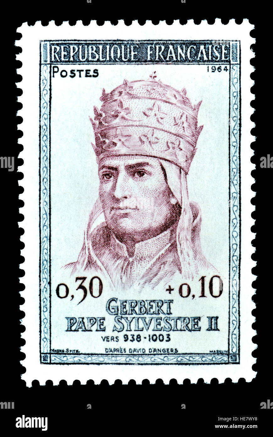 Il francese francobollo (1964) : Papa Silvestro / Silvestro II (c.?948 - 1003) Papa dal 2 aprile 999 fino alla sua morte nel 1003. Nato Gerberto d'Aurillac / Gerb Foto Stock
