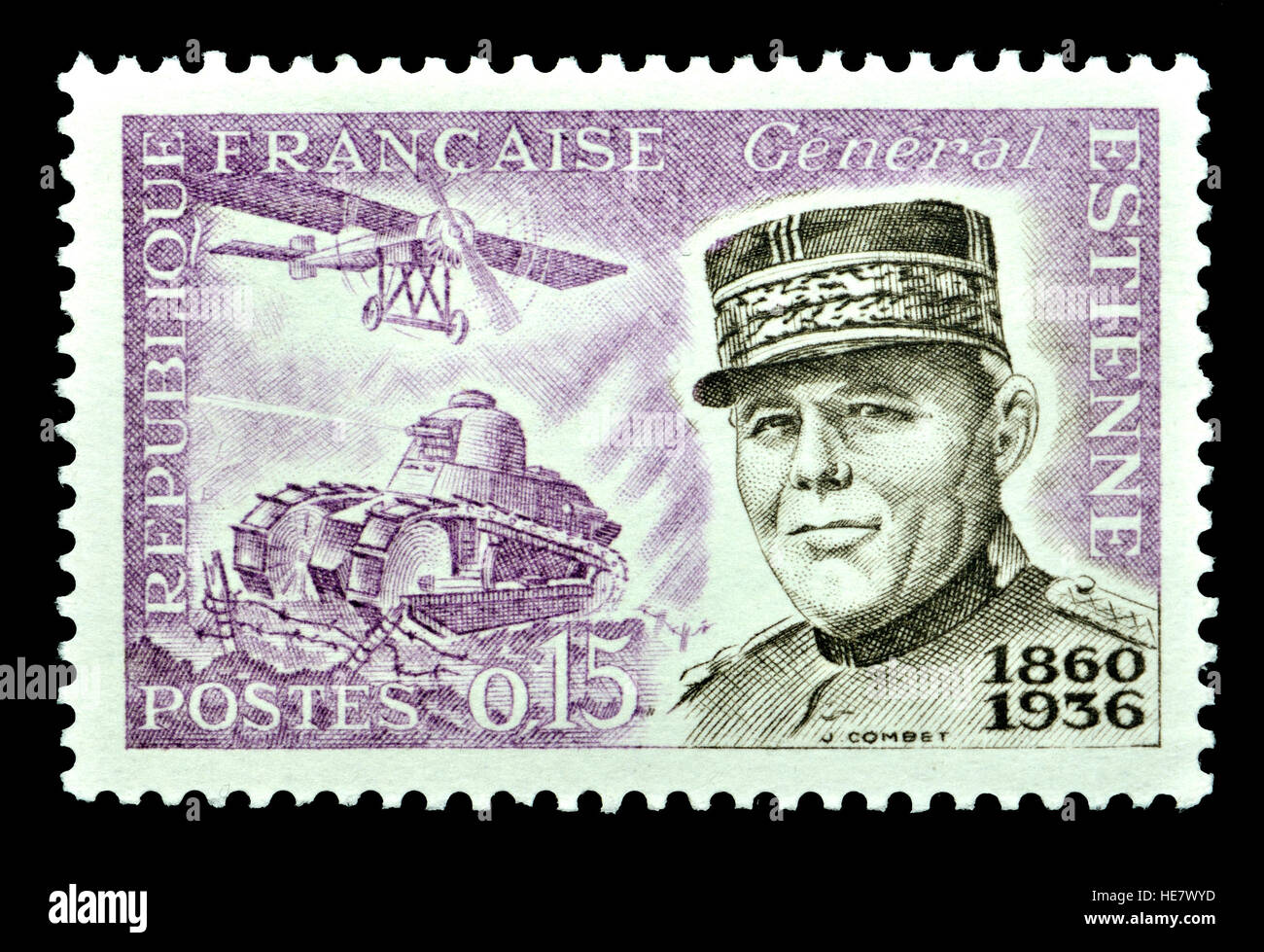 Il francese francobollo (1960) : Jean Baptiste Eugène Estienne (1860 - 1936) generale francese di artiglieria e uno specialista di ingegneria militare Foto Stock