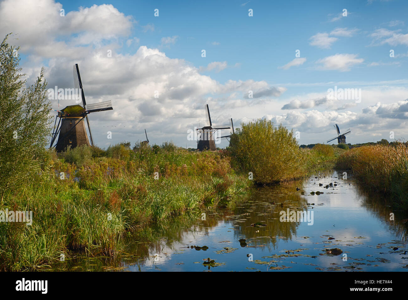 La natura in scena la famosa Kinderdijk canal con mulini a vento. Il vecchio villaggio olandese di Kinderdijk, sito patrimonio mondiale dell'UNESCO. Paesi Bassi Foto Stock