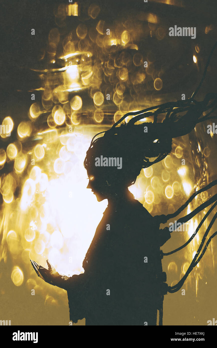 Avveniristico robot femmina silhouette su golden sfondo luminoso,illustrazione pittura Foto Stock