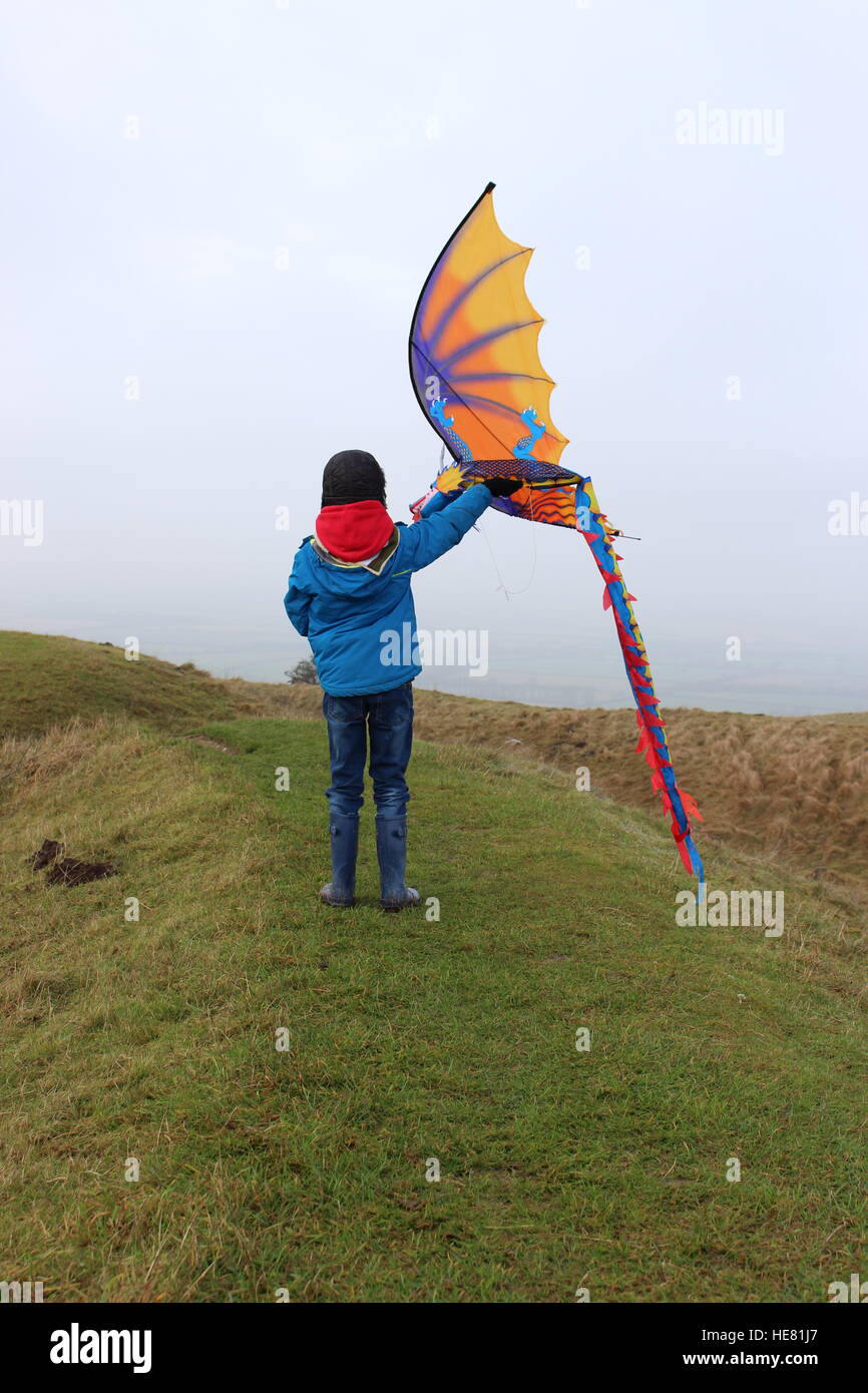 Piccolo 8 bambino di otto anni bambino drago kite battenti battenti tenendo la libertà infanzia vita viaggio crescente fino a giocare Foto Stock