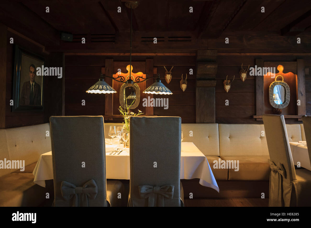Sala da pranzo presso l'Hotel Gut Steinbach. Reit im Winkl. Alta Baviera. Germania. Foto Stock