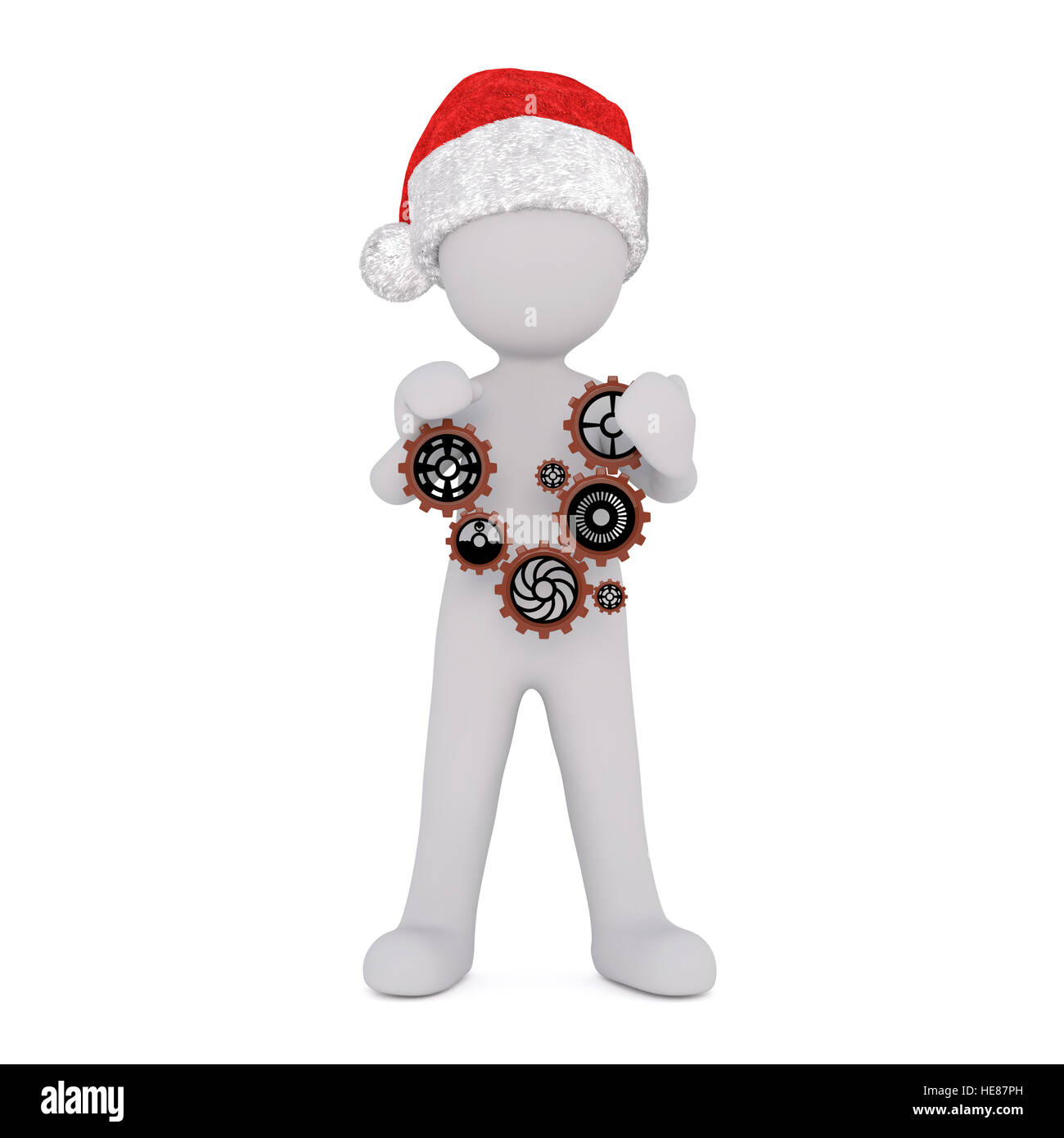 Corpo pieno 3d toon in Santa hat con set di ruote dentate e ingranaggi su sfondo bianco Foto Stock