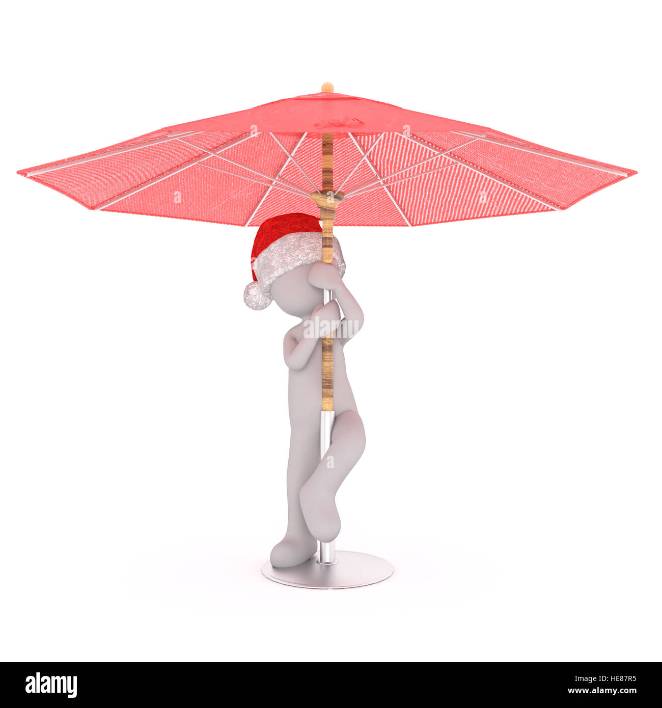 Corpo pieno 3d toon in Santa hat sotto grandi ombrelloni ombrellone, sfondo bianco Foto Stock