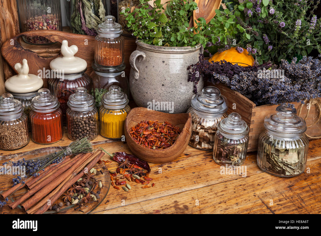 Le erbe aromatiche essiccate e le spezie Foto Stock