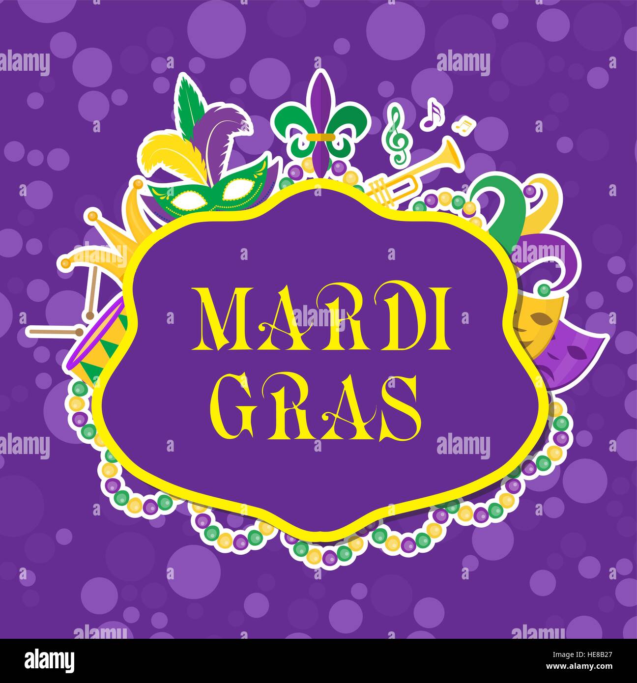 Mardi Gras poster con maschera, perline, tromba, tamburo, Fleur de Lis, jester hat, maschere, commedia e dramma. Modello di carnevale, flyer, invito. Martedì grasso sfondo. Illustrazione Vettoriale Illustrazione Vettoriale