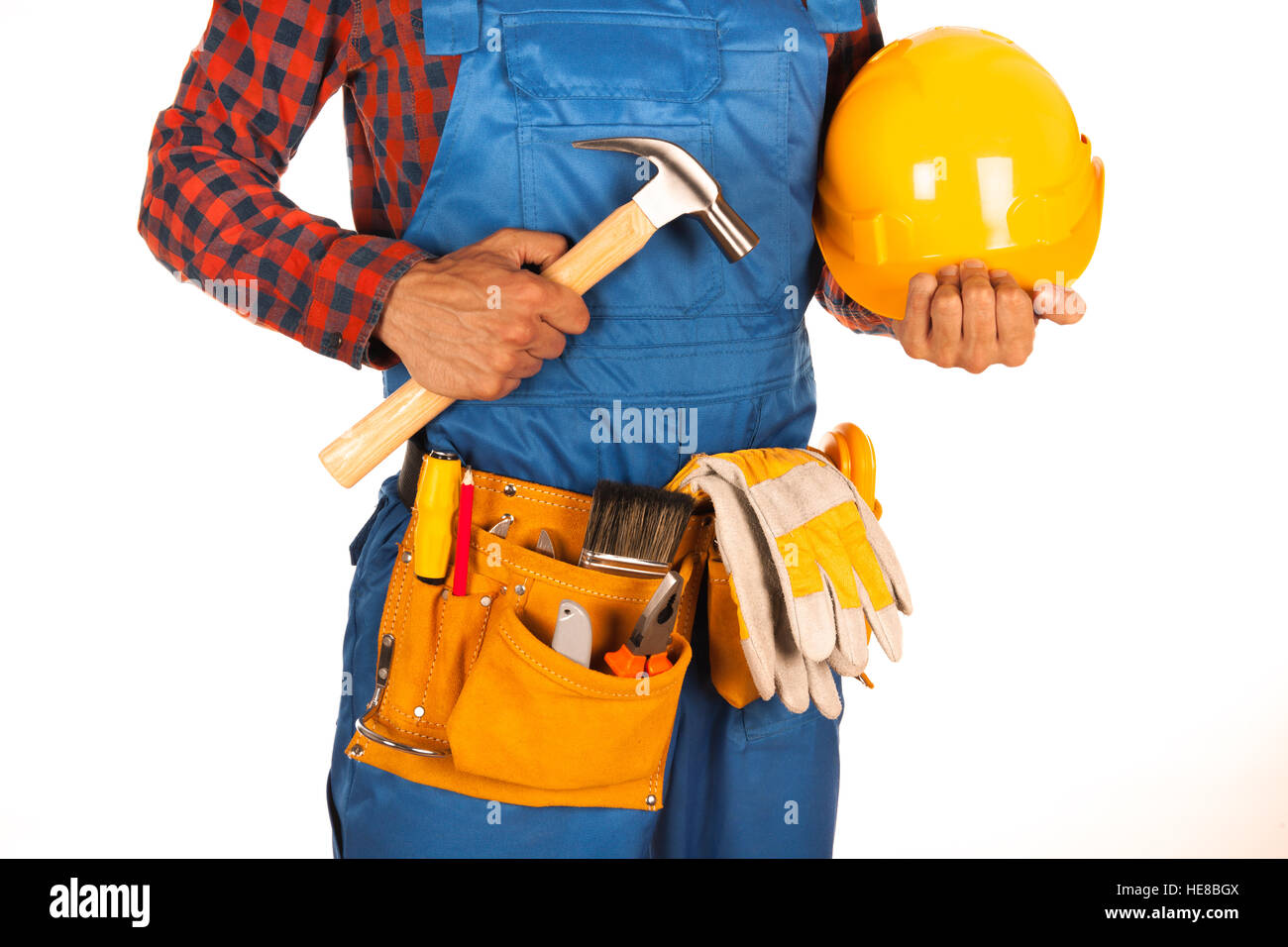 Lavoratore manuale uomo isolato su sfondo bianco Foto Stock
