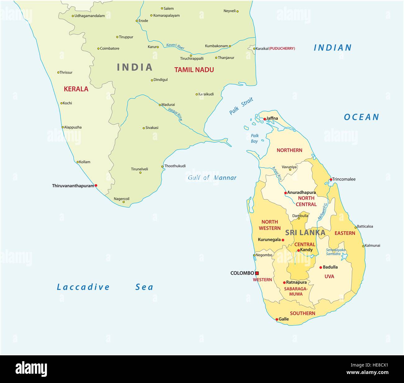 Sri lanca e India del sud mappa amministrativa Illustrazione Vettoriale