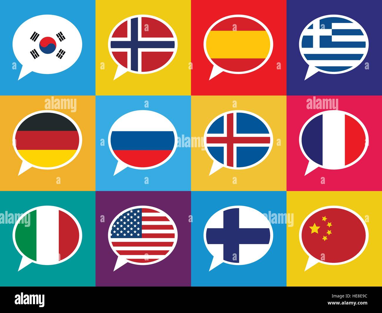 Set di colorate bolle di parlato con diversi paesi bandiere. Lingue concept illustrazione. Illustrazione Vettoriale