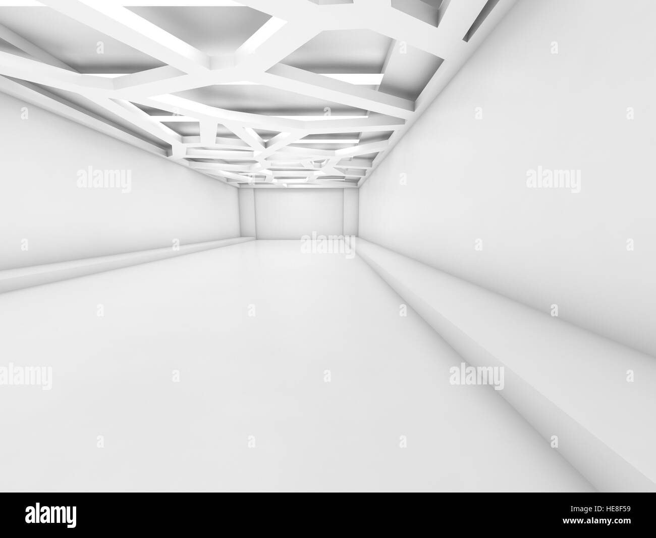 Abstract vuoto interno bianco sfondo con luce da soffitto sistema minimale moderno open space office design, 3d illustrazione Foto Stock