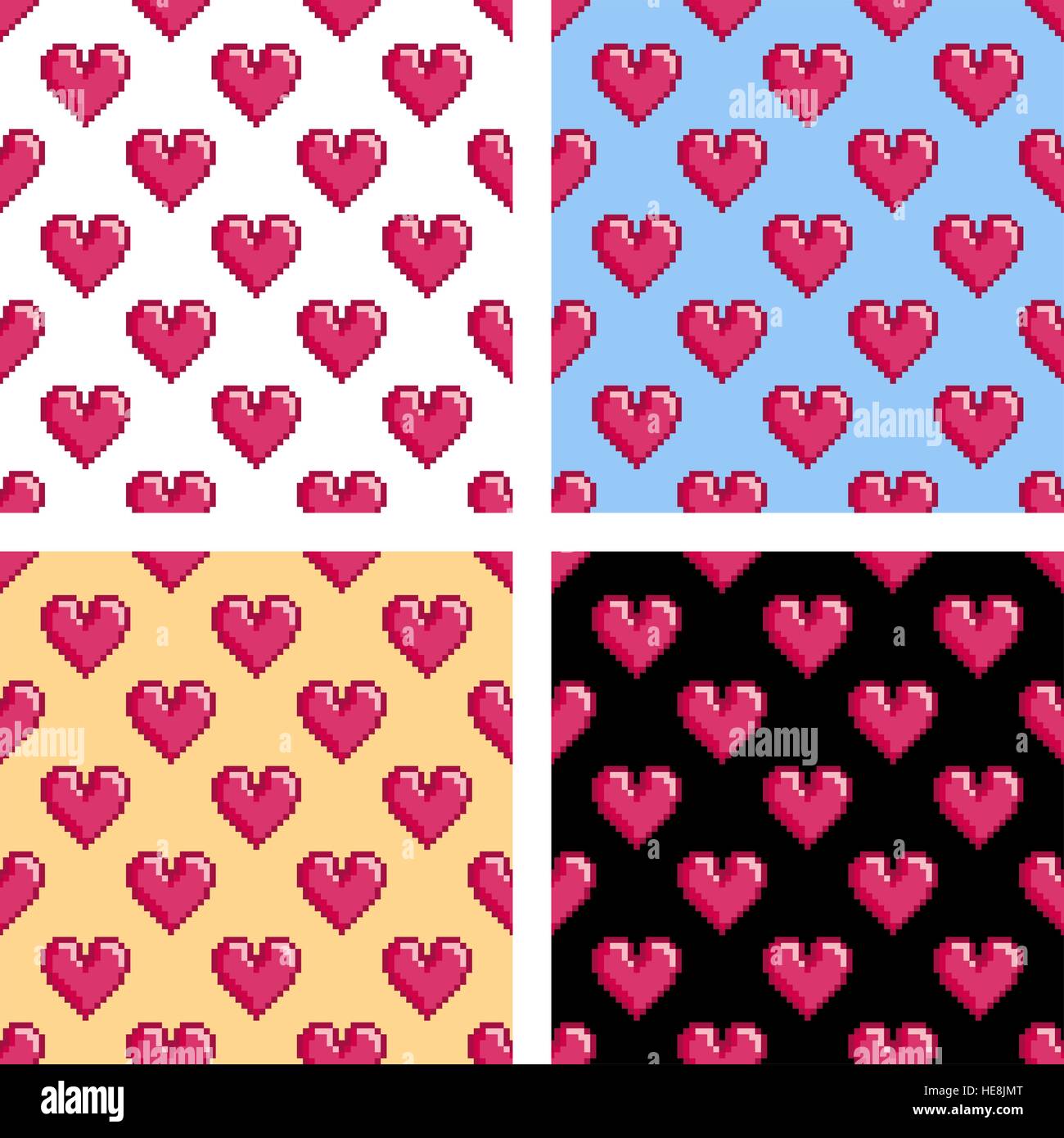 Set di vettore seamless patterns con cuori di pixel. San Valentino o sfondo di nozze, 8 bit design retrò. Già in campioni. Illustrazione Vettoriale