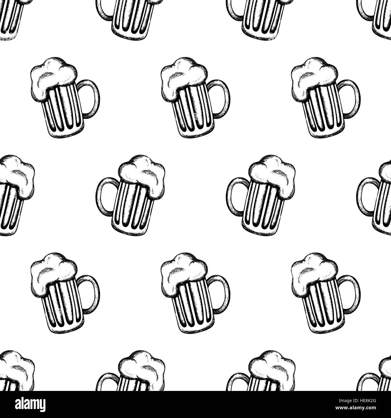 Vector seamless pattern con disegnati a mano boccali di birra. Tradizionale bevanda isolato su bianco. Oktoberfest celebrazione del design. Illustrazione Vettoriale