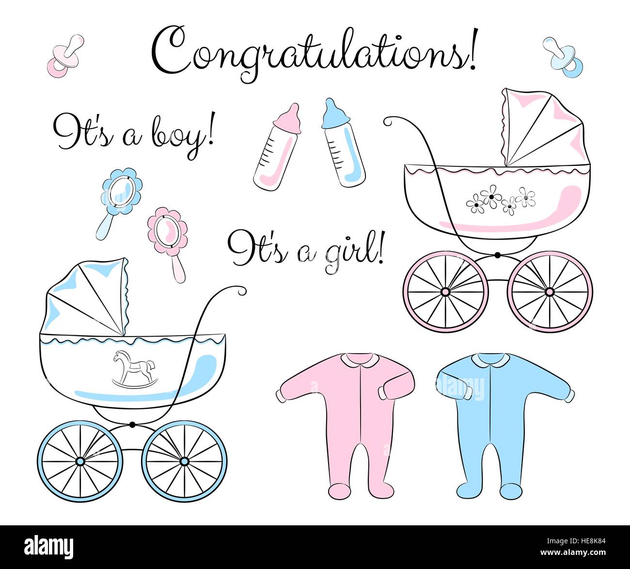 Una serie di articoli per neonati: baby carrello, abbigliamento, battito,  il succhietto, e biberon. Baby shower gli elementi di design Immagine e  Vettoriale - Alamy