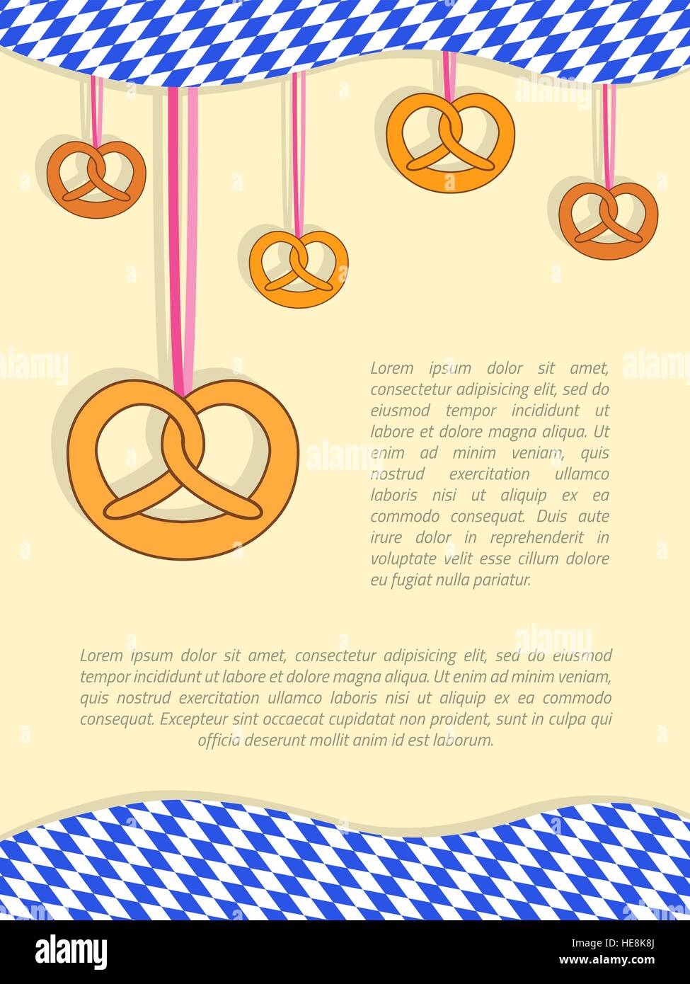 Oktoberfest sfondo con appeso pretzel e bandiera bavarese. Oktoberfest celebrazione design con un posto per il vostro testo. Illustrazione Vettoriale