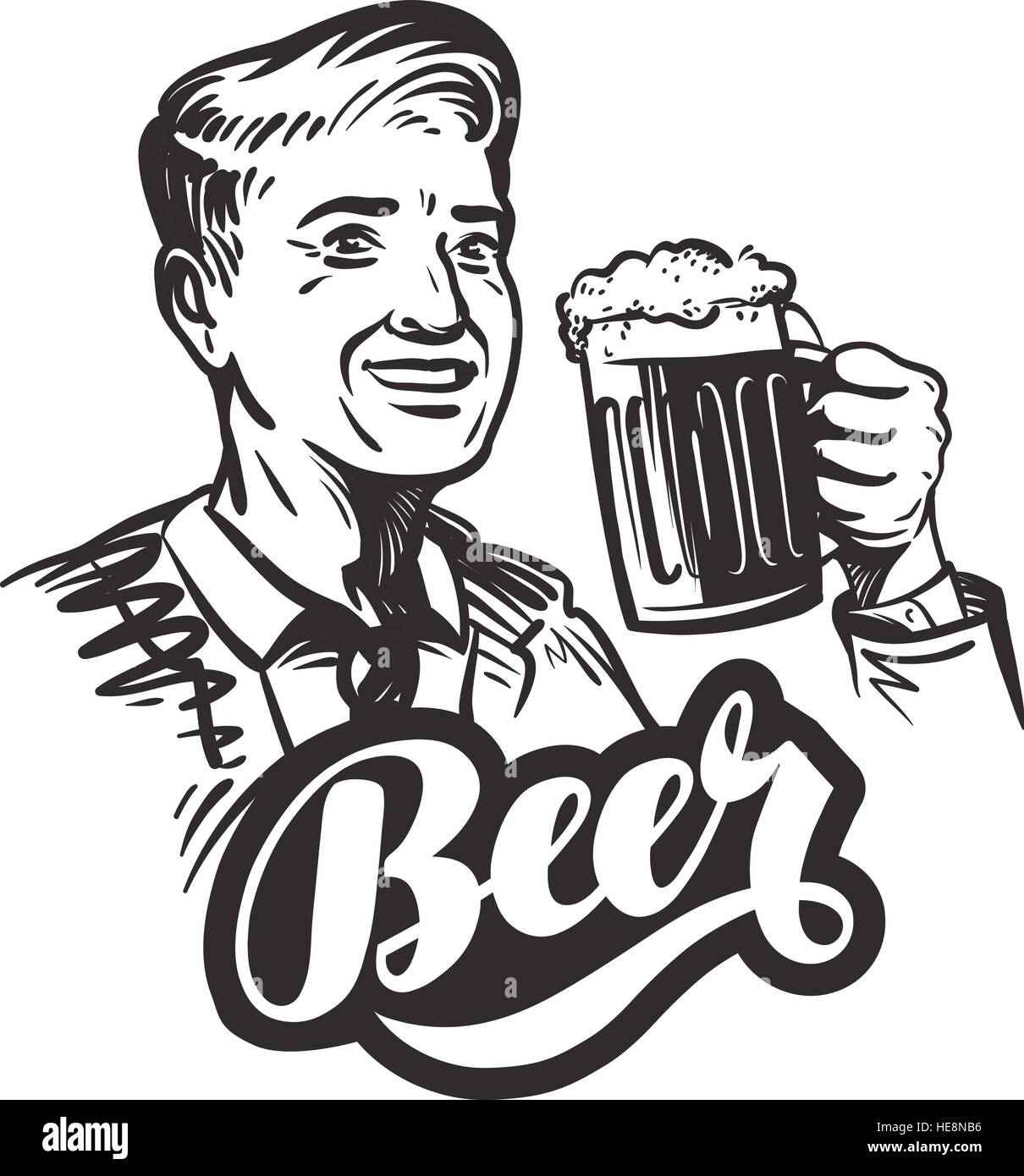 Birra o pub. Felice uomo sorridente con la tazza di birra fresca. Illustrazione Vettoriale Illustrazione Vettoriale