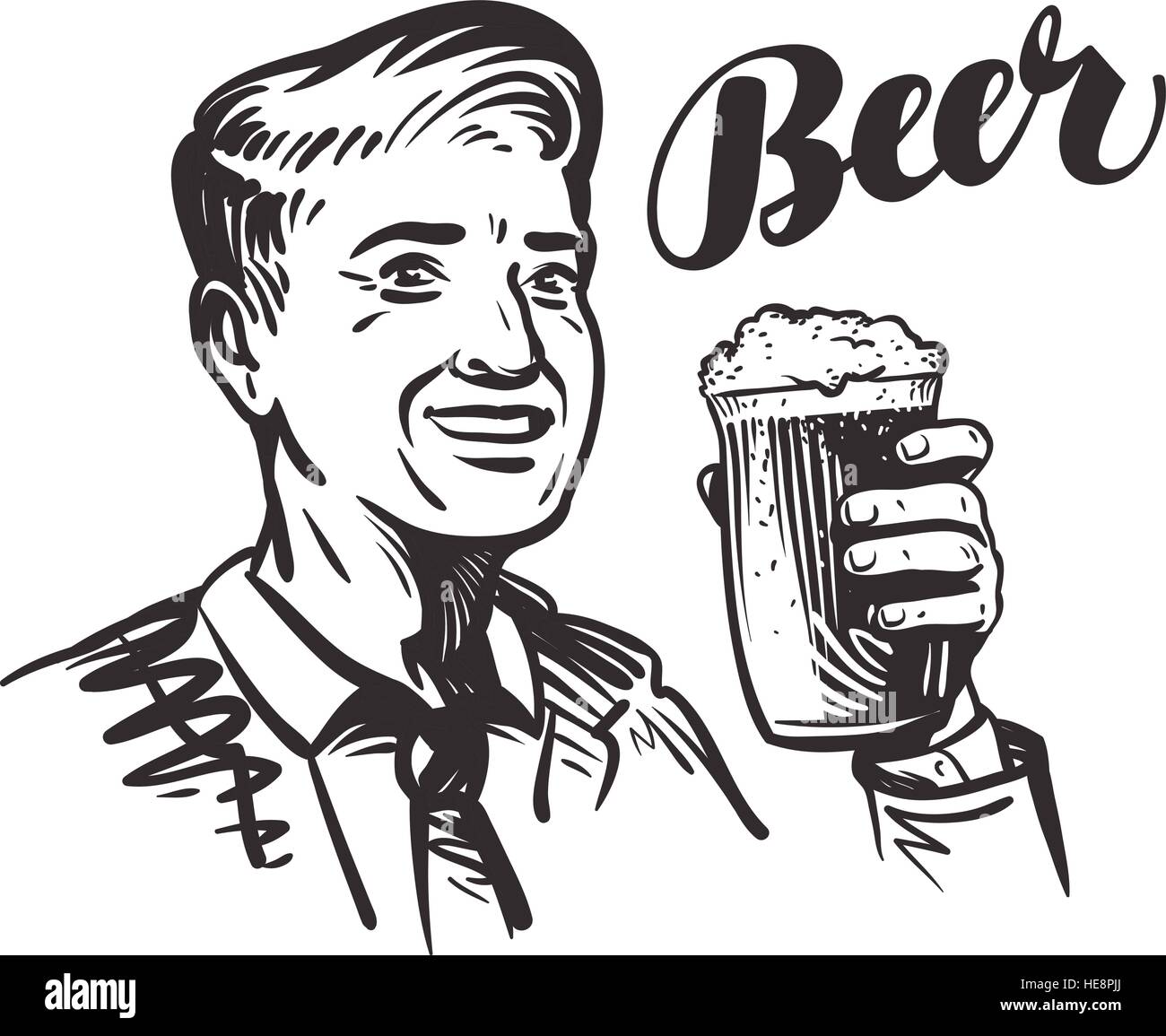 Beer bar o Pub. Felice uomo sorridente con la tazza di birra fresca. Illustrazione Vettoriale Illustrazione Vettoriale