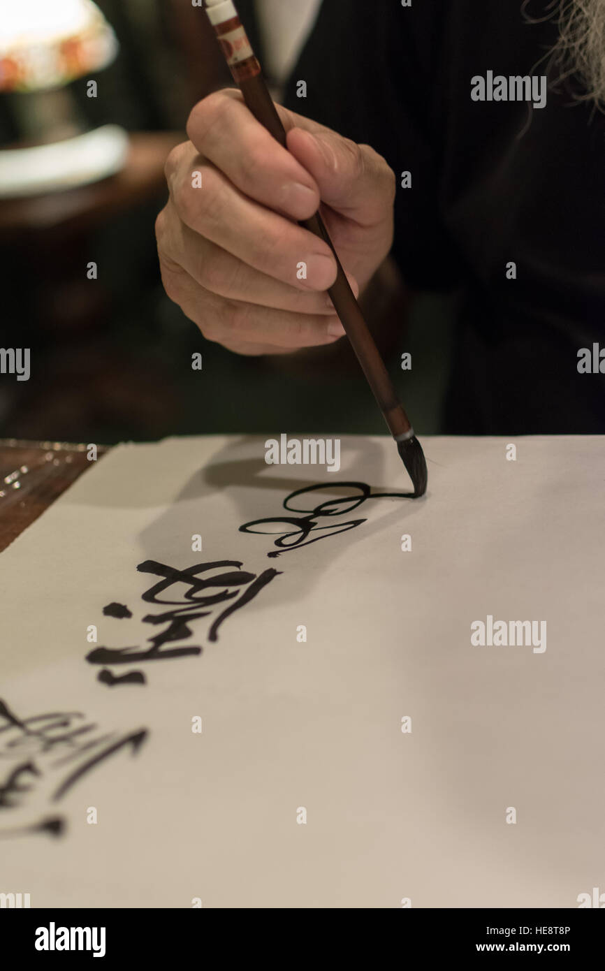 Maestro di calligrafia cinese di disegno geroglifici in stili diversi con una spazzola Foto Stock