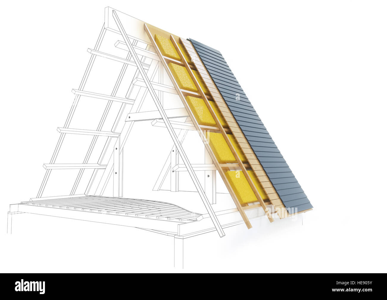 Disegno di un tetto con dettagli tecnici - 3D rendering Foto Stock