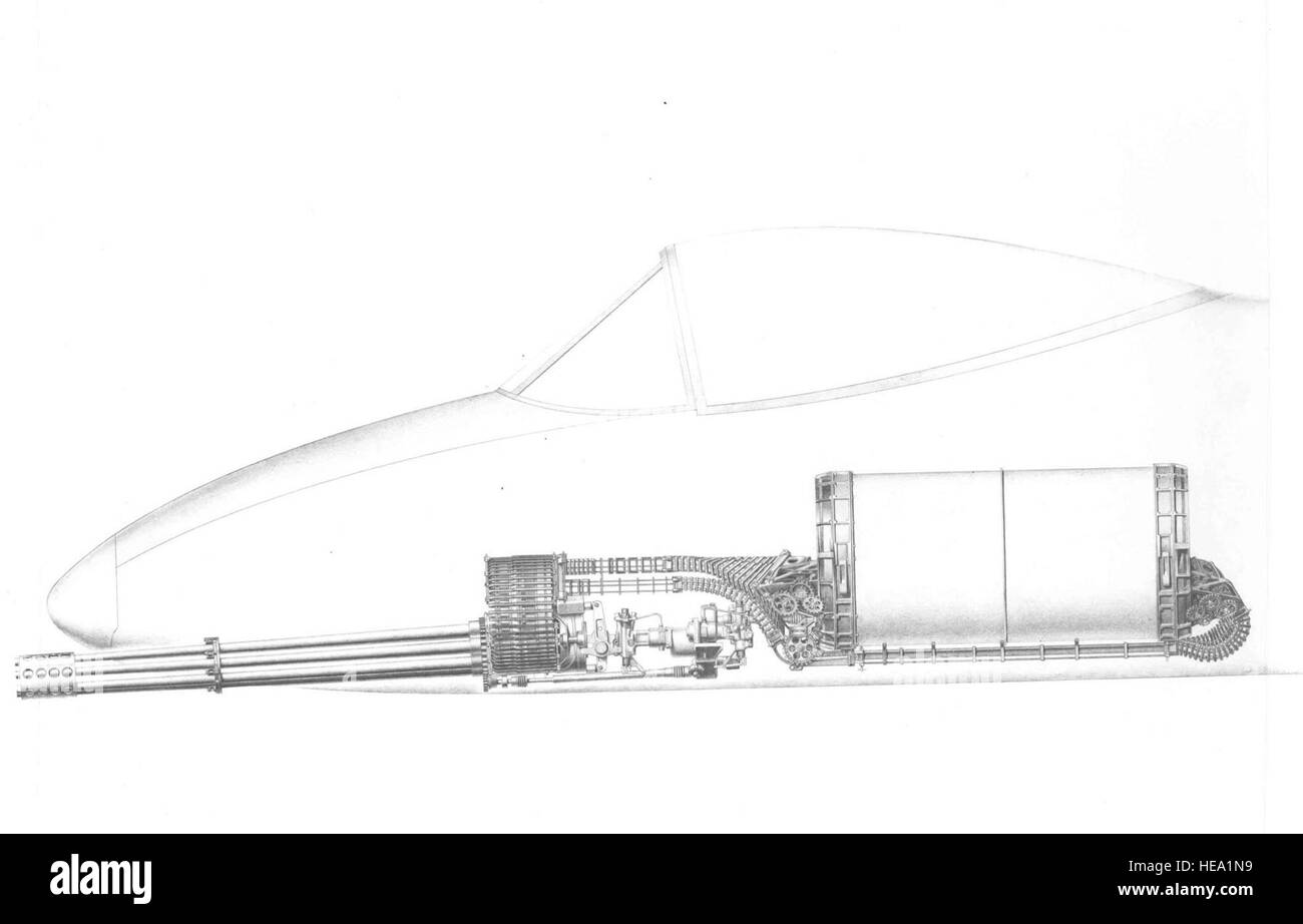 General Electric GAU-8/una vista laterale disegno, che mostra la posizione approssimativa della pistola quando è installato. Foto Stock