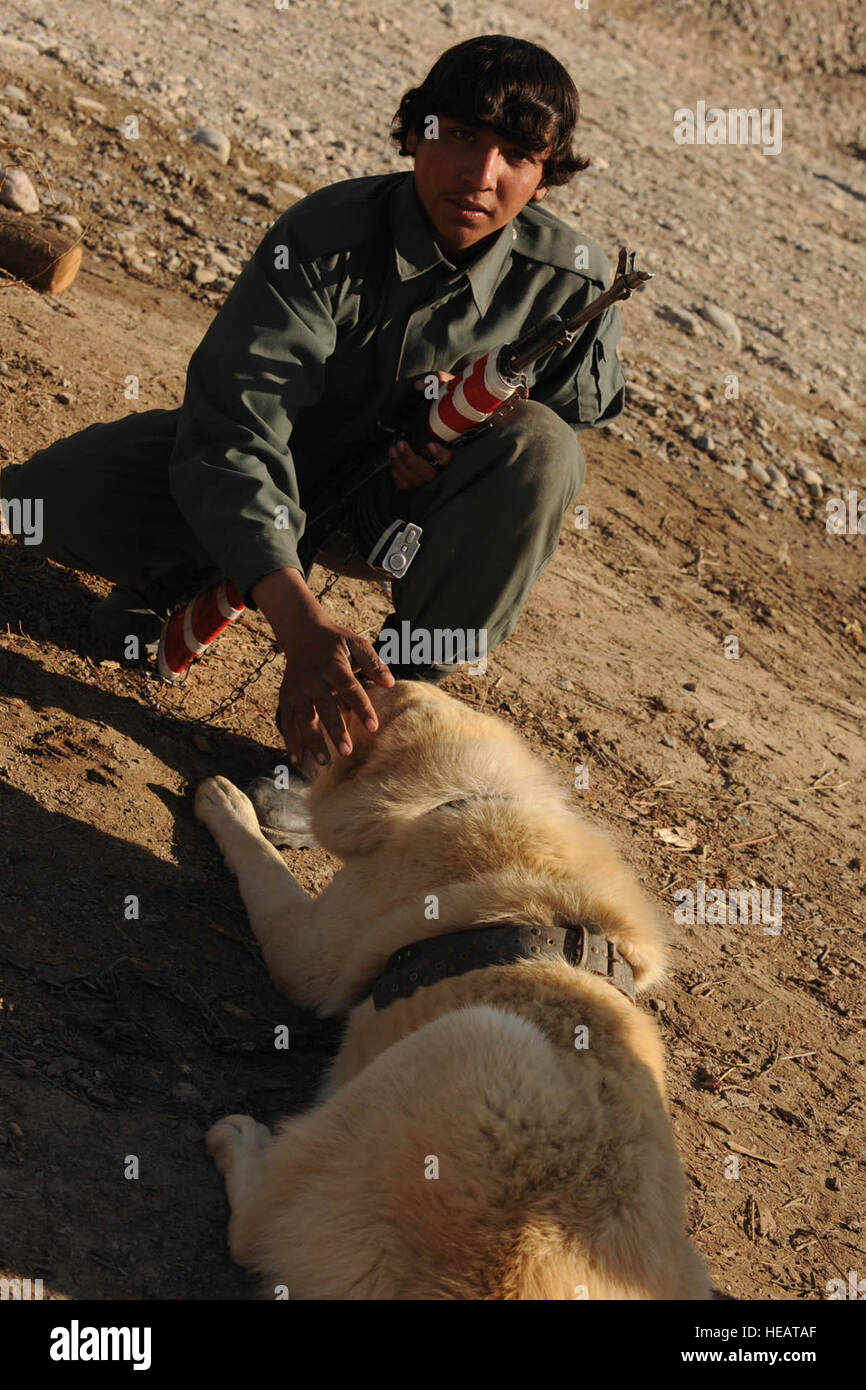 Una polizia nazionale afgana officer animali domestici un cane a combattere avamposto Sarkari Bagh, Arghandab River Valley, Afghanistan, Gen 9. : Staff Sgt. Christine Jones) Foto Stock