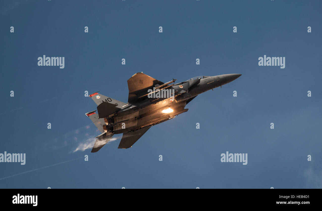 Un 391 Fighter Squadron F-15E Strike Eagle si prepara a pop razzi difensive durante una stretta-aria missione di supporto durante la fase di esercizio Mountain Roundup 2013, a Saylor Creek bombardamento intervallo vicino Mountain Air Force Base, Idaho, 16 ottobre 2013. L'esercizio preso a calci-off sett. 30 e si è conclusa il 16 ottobre, e l'obiettivo era semplice: tutti coloro che sono coinvolti si sperava di fornire più integrata e abile combinato a forze congiunte. Master Sgt. Kevin Wallace/) Foto Stock