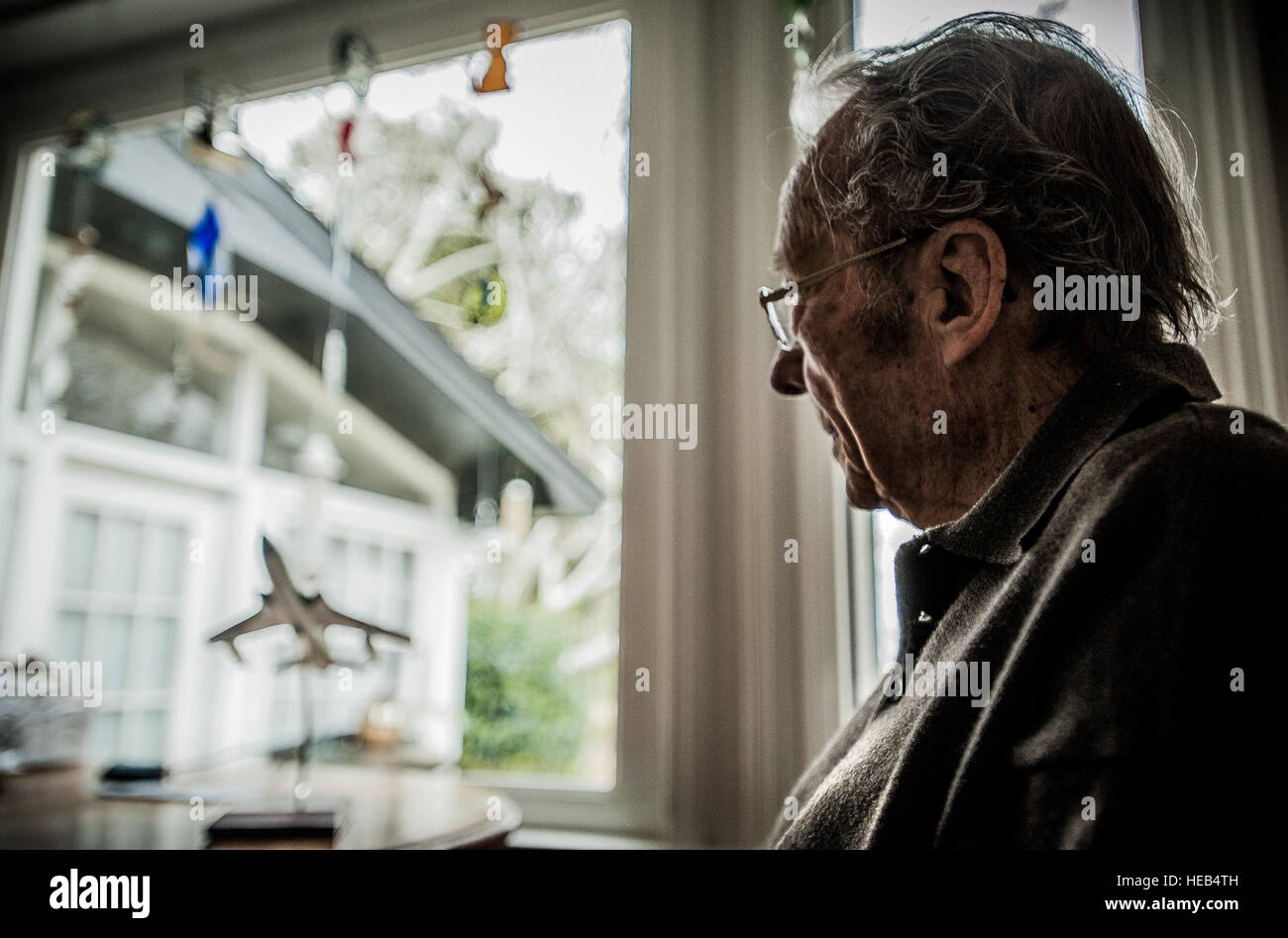 Il colonnello in pensione Sarà Gedeone, ex 437th Airlift Wing fornitura comandante dello squadrone e Resource Management vice comandante, guarda indietro sulla sua storia militare dalla sua tabella di cucina, Marzo 26, 2013, in Mount Pleasant, S.C. Sul display è un modello di piano del F-105 Thunderchief, lo stesso aeromobile volato il giorno Gedeone fu abbattuto e divenne un americano del prigioniero di guerra durante la Guerra del Vietnam. Gedeone fu internato come prigioniero di guerra nel Vietnam del Nord dopo la sua F-105 fighter jet è stato abbattuto il 7 agosto, 1966, ed è stato mantenuto fino al suo rilascio il 4 marzo 1973. Marzo 2013 segna il quarantesimo anniversario di un Foto Stock