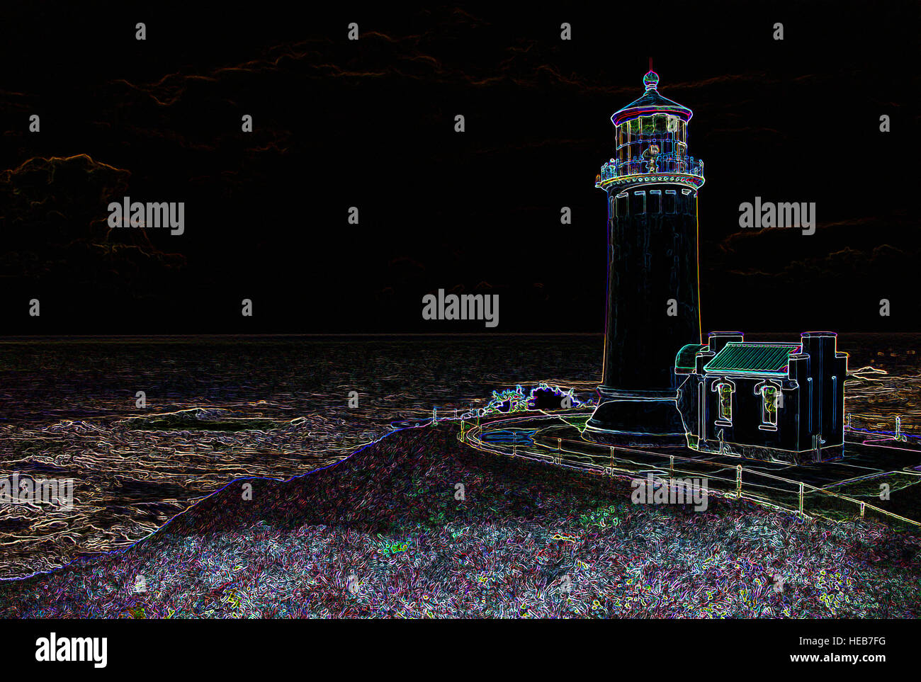 Faro - manipolato digitalmente immagine con bordi incandescente, Abstract fari e Seascape su sfondo nero Foto Stock