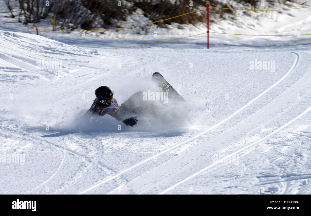 Justin Panter, 20, si blocca dopo aver tentato un trucco presso il parco del terreno la concorrenza durante la Hillberg Ski Area su base comune Elmendorf-Richardson, Alaska, Marzo 22, 2014. Il concorso prevedeva il comandante della gara di bob, un terreno park concorrenza, un up-hill/down hill gara e le granite Cup concorrenza. Panter ha preso il primo posto nel parco del terreno la concorrenza. Il personale Sgt. Sheila deVera) Foto Stock